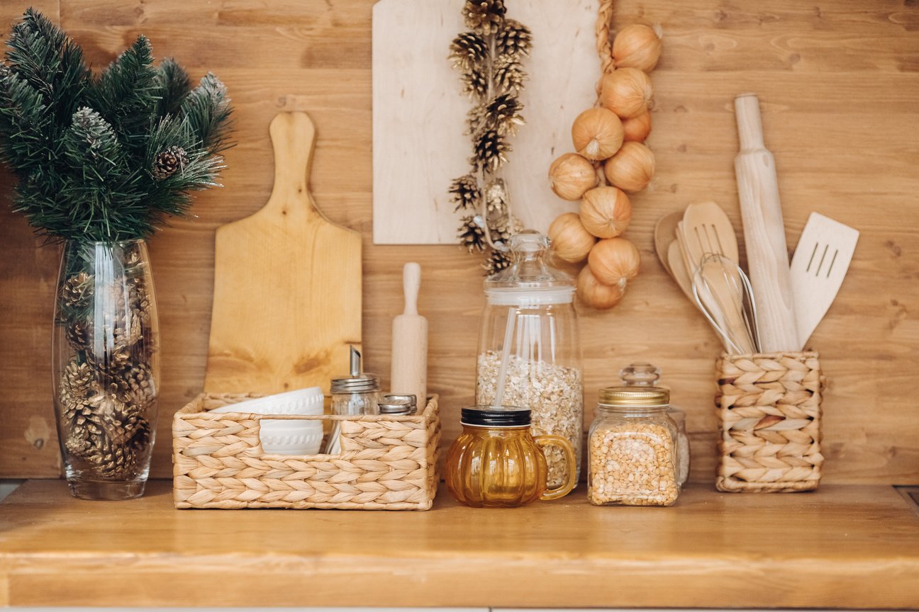 Kitchen interior with kitchen stuff. Close-up of kitchen table